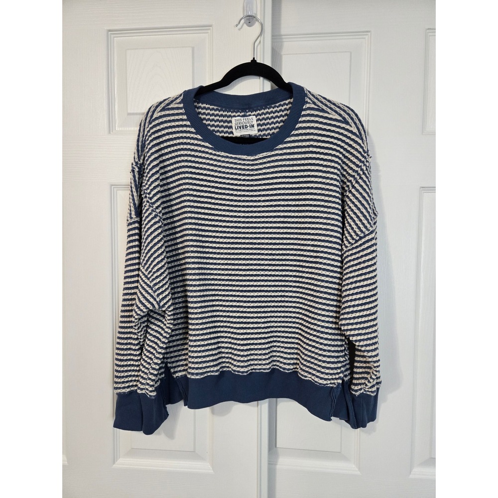 American Eagle Seriously Lived-In Blue White Striped Textured Sweater XS